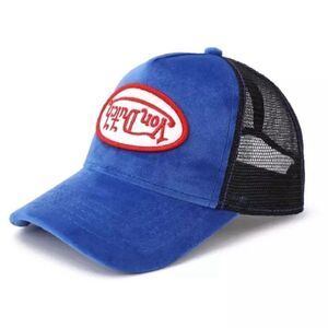 NWT New Von Dutch Blue Velvet Upside Down Logo Patch Trucker Hat OS Unisex.